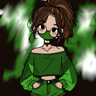 girl with a messy ponytail glasses a baggy crop top and jean shorts