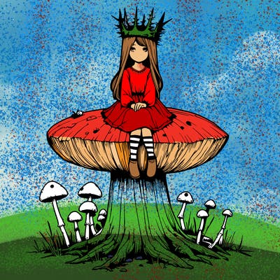 realistic girl sitting on a huge tree stump size toadstool with thorn crown