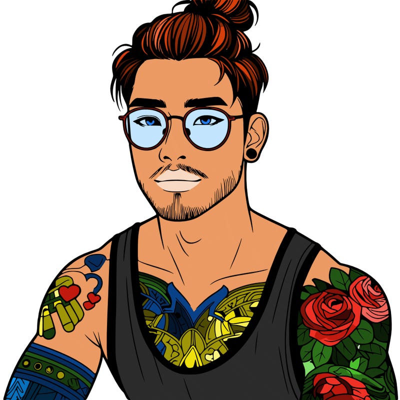 young attractive asian man with a man-bun, glasses, and tattoo's