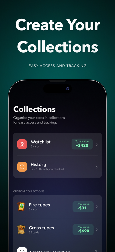 Snapdex: Card Value Scanner - Interface of the Snapdex app showing custom card collections and total portfolio values