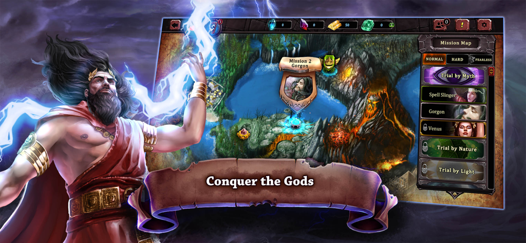 Runestrike CCG Missionskartenmenü mit Jupiter und verschiedenen Spielherausforderungen