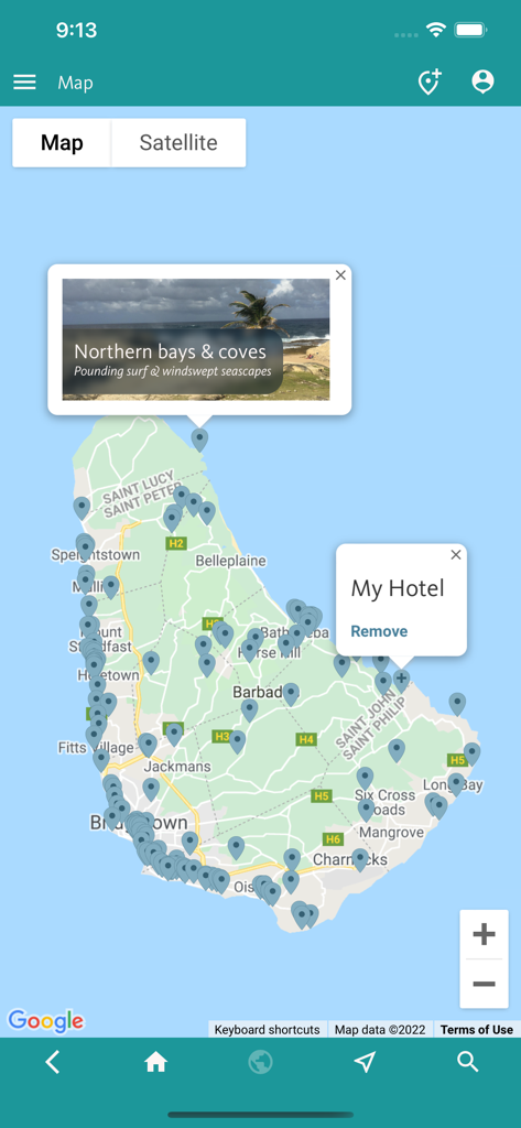 여행 핀과 호텔 마커가 있는 바베이도스 인터랙티브 지도, 여행 가이드 앱