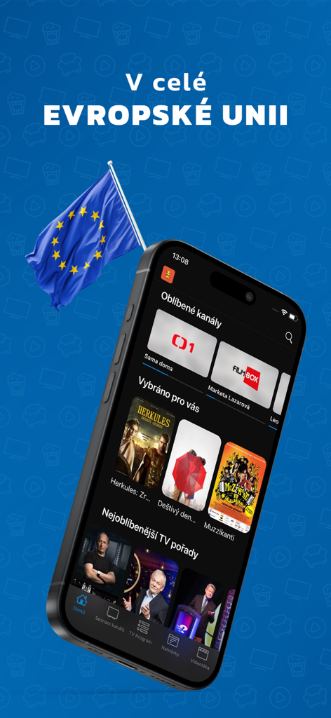 SledovaniTV - SledovaniTV app interface on a smartphone with the European Union flag and Czech TV channels