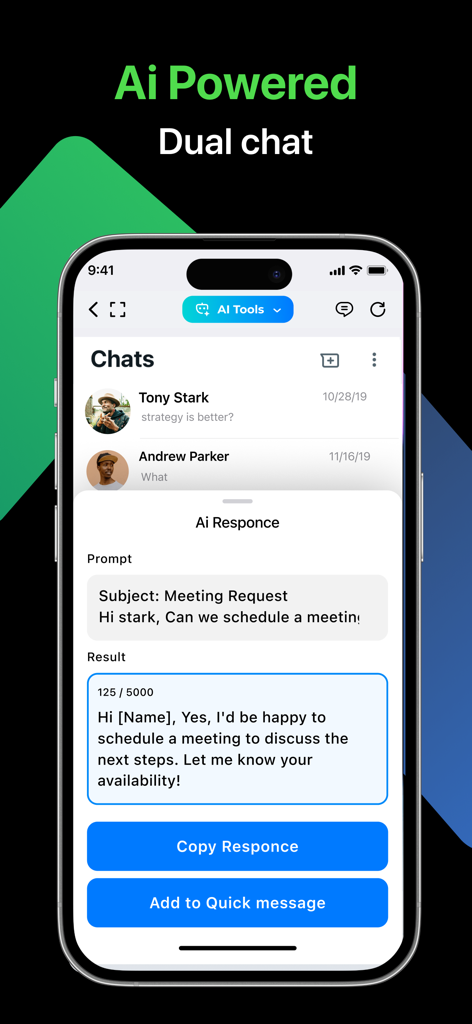Direct Message : Click to Chat - Direct Message app interface showing an AI powered chat response generator for professional messaging