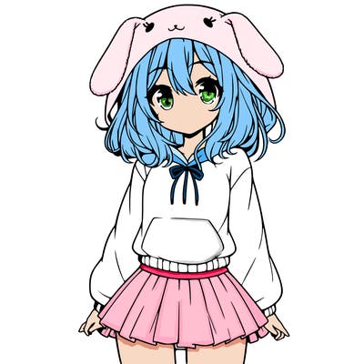 pretty anime girl wearing a fluffy hoodie with bunny ears on the hood and a skirt