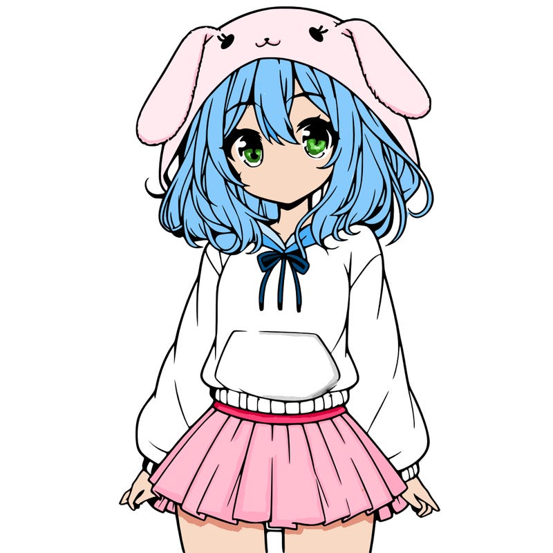 pretty anime girl wearing a fluffy hoodie with bunny ears on the hood and a skirt