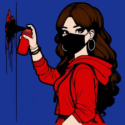 realistic girl with mask spray painting a wall