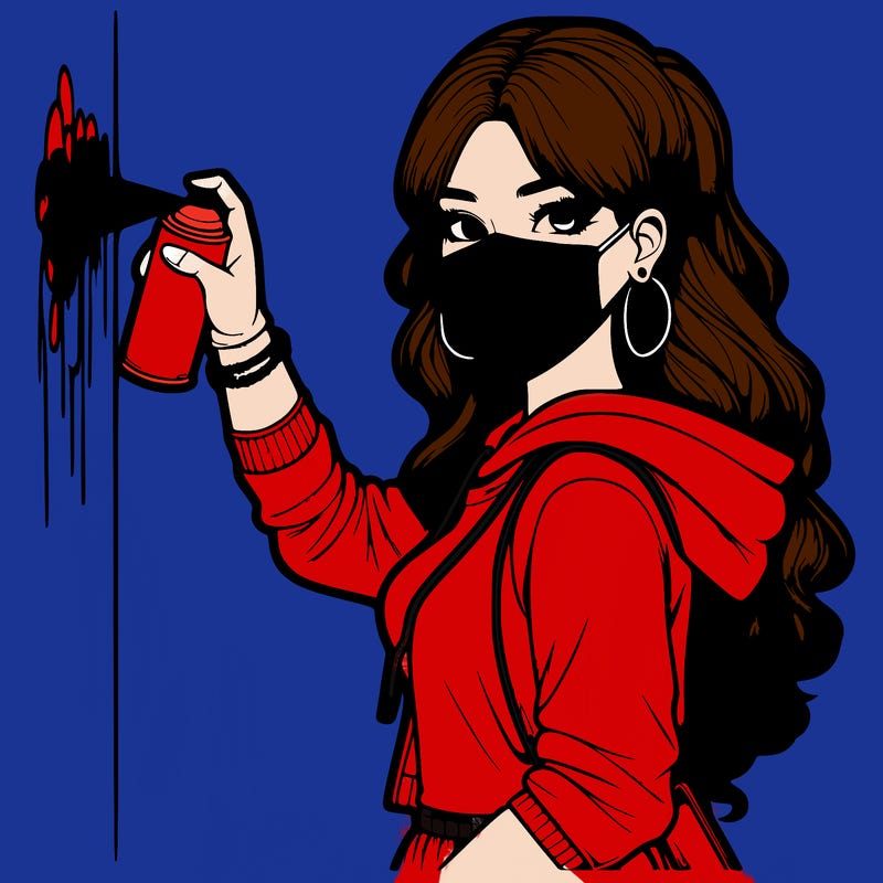 realistic girl with mask spray painting a wall