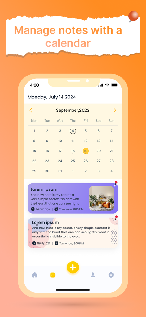 Interface de calendário dentro do aplicativo Color Note mostrando notas e imagens agendadas.