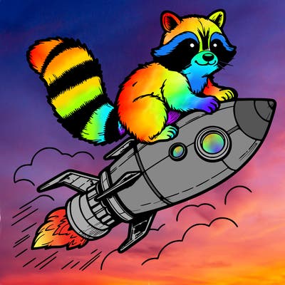 realistic raccoon flying on top rocket ship
