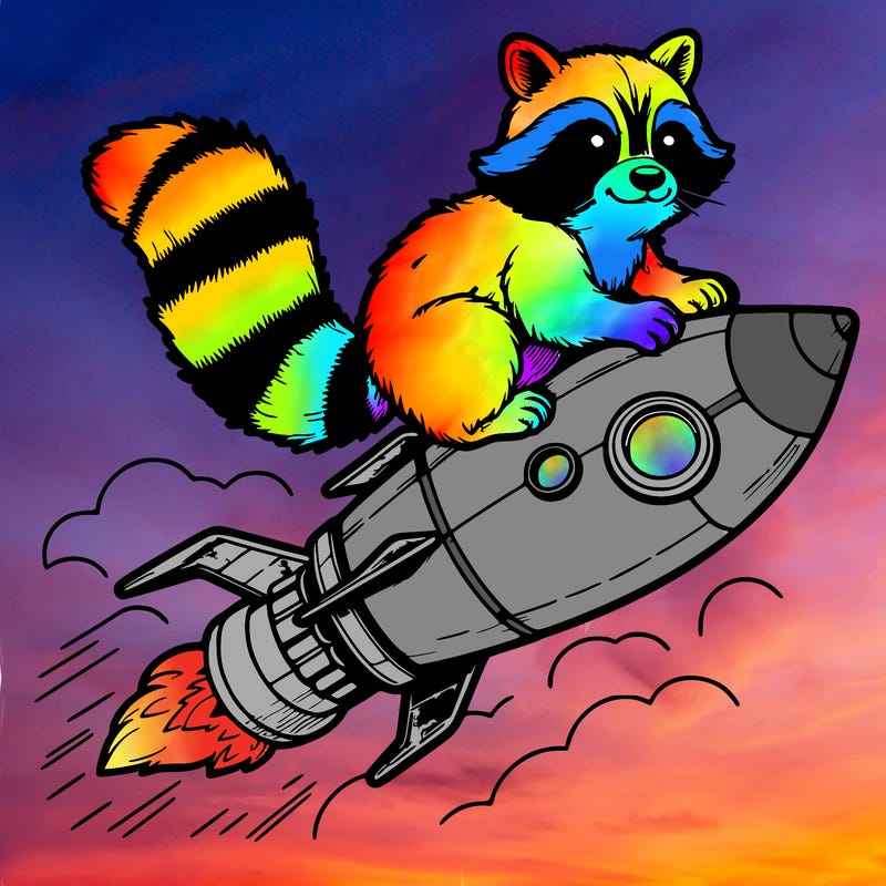 realistic raccoon flying on top rocket ship