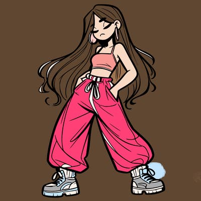 girl in baggy pants crop top and long hair