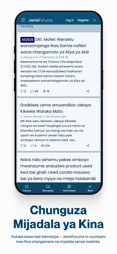 Mobile screenshot of the JamiiForums app displaying a list of trending discussion threads in Swahili