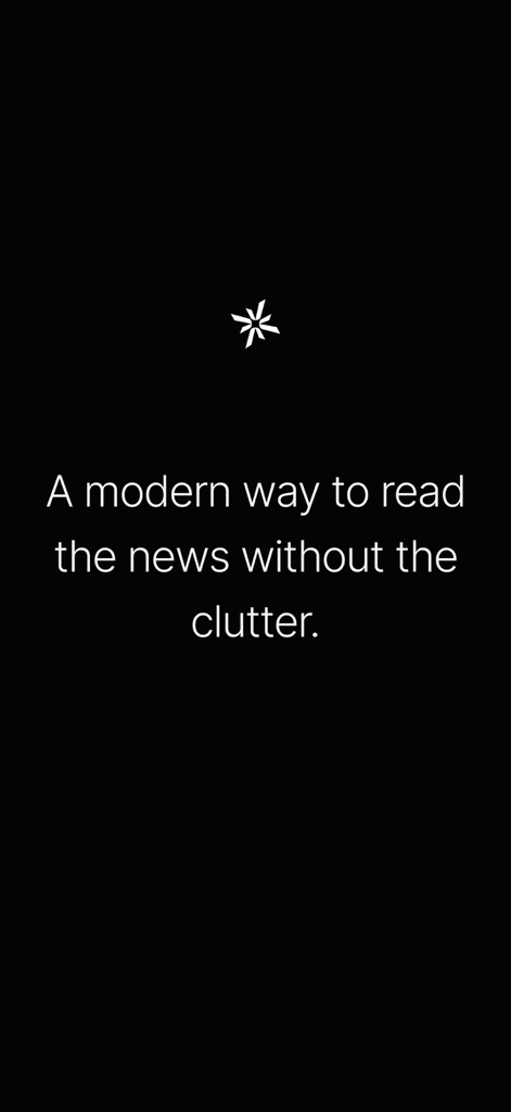 Vantage Media - Minimalist screen from the Vantage Media app with the slogan A modern way to read the news without the clutter