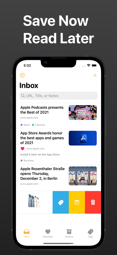 Interface da caixa de entrada do aplicativo Bookmark mostrando artigos salvos com tags