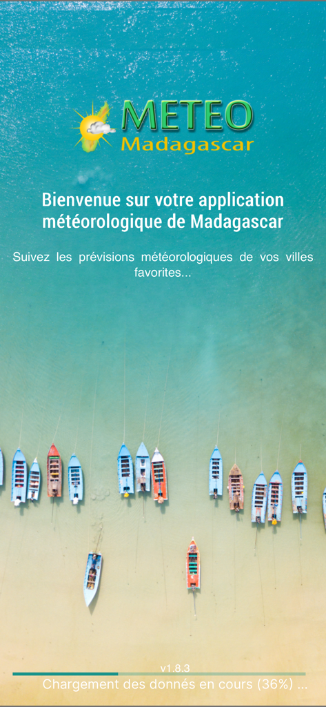 Météo Madagascar Officielle - Startbildschirm der offiziellen Wetter-App von Madagaskar mit Küstenbooten