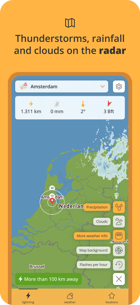 Lightning Alarm - Lightning Alarm app interface showing real-time thunderstorm, rainfall, and cloud radar map