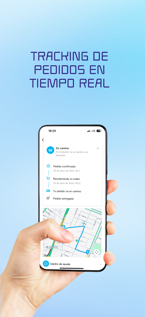 Farmacias Chávez S.A. - Mobile app interface showing real-time order tracking with status updates and delivery map for Farmacias Chavez