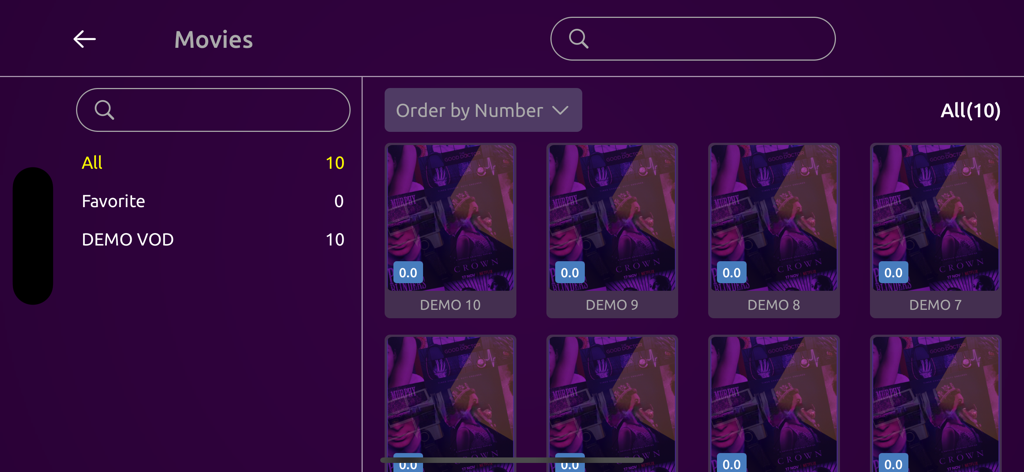 VU Player Pro app movie library interface displaying a grid of video titles and navigation sidebar