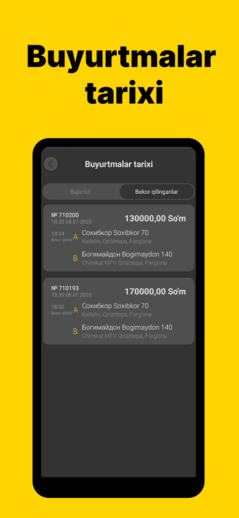 Metro Taxi: Такси и Доставка - Order history screen of Metro Taxi app showing canceled ride details in Uzbek language