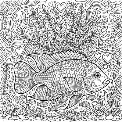 Discover the heartwarming bond of a Cichlid family in this special Mother's Day coloring page. This intricate underwater scene is filled with detailed fish, plants, and subtle heartfelt symbols, offering a truly engaging coloring experience.