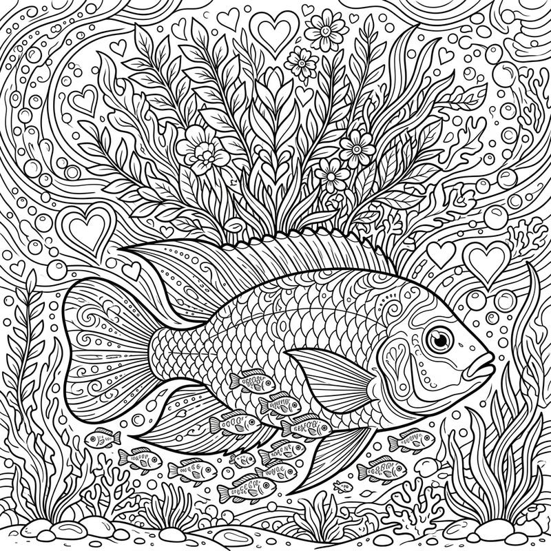 Discover the heartwarming bond of a Cichlid family in this special Mother's Day coloring page. This intricate underwater scene is filled with detailed fish, plants, and subtle heartfelt symbols, offering a truly engaging coloring experience.