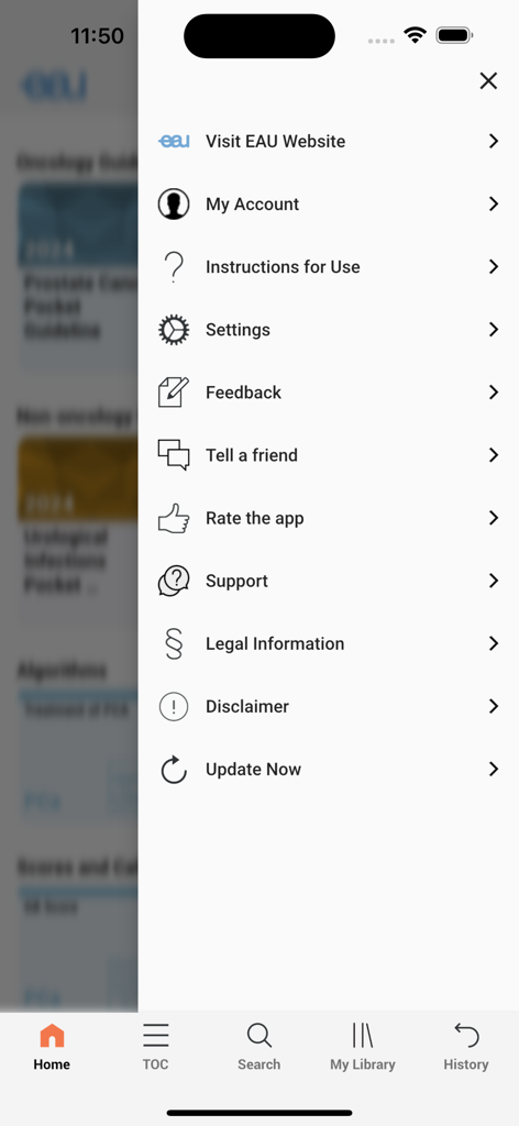 Menú lateral de la aplicación EAU-Guidelines mostrando la configuración de la cuenta y las opciones de soporte clínico.