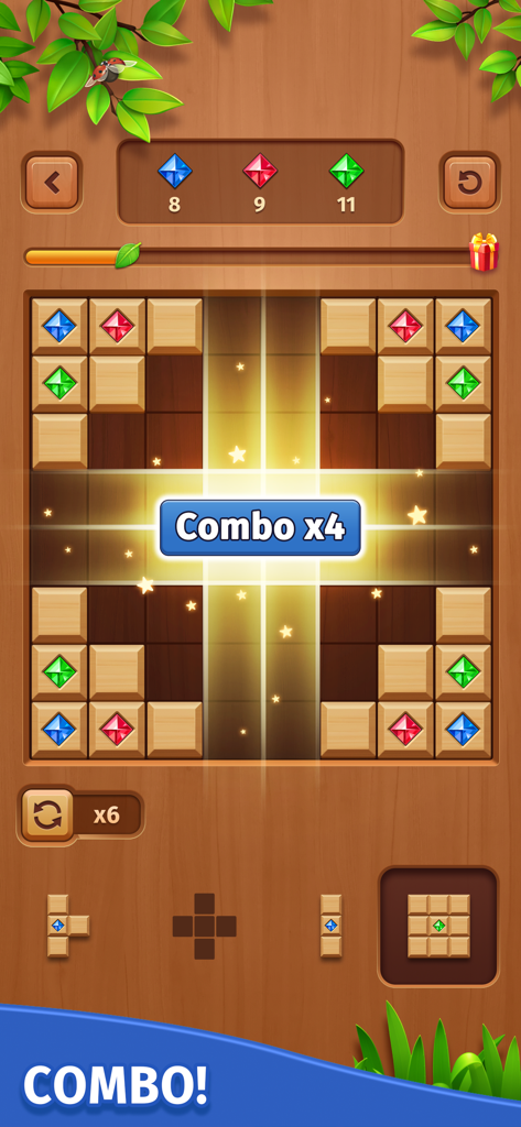 Cube Block - Woody Puzzle Game - A wood themed block puzzle game showing a combo four multiplier with glowing light effects