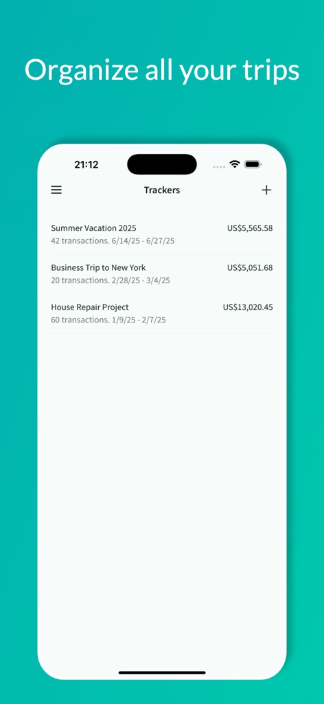 Tripcoin - Travel budget - Tripcoin app interface showing organized travel trackers and budget summaries for various trips