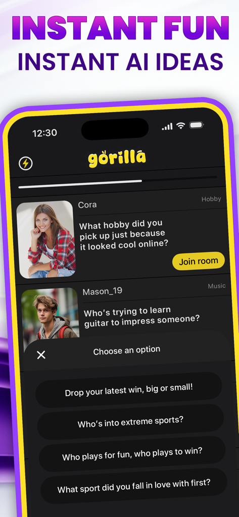 Gorilla Chat: Live Social - Interface of the Gorilla Chat app showing AI conversation starters and live chat rooms.