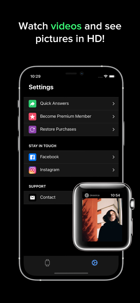 Settings screen of WatchApp plus with an Apple Watch displaying an HD photo and iPhone showing premium membership options.
