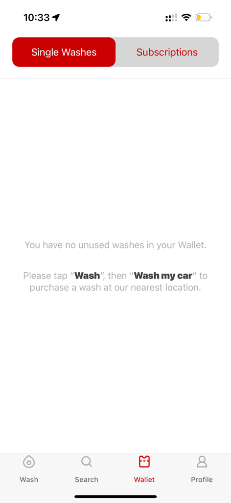 Co-op Car Wash - The wallet interface of the Co-op Car Wash app showing no unused washes and options for single washes or subscriptions
