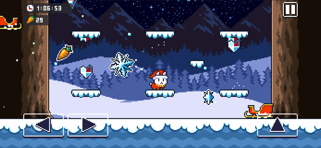 Poor Bunny! - A pixel art bunny wearing a Santa hat collecting carrots in a snowy winter level.