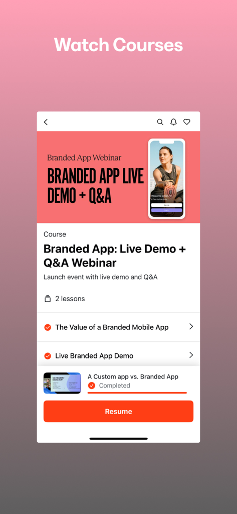 Kajabi Branded App - A mobile interface for the Kajabi Branded App displaying a course overview for a live demo webinar with a resume button.