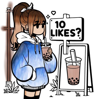 girl with oversized hoodie drinking boba and she has a high ponytail with a sign that says 10likes?