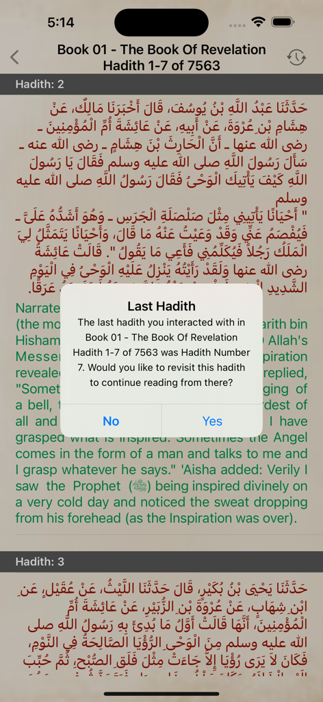 Sahih Bukhari app interface with a popup to resume reading from the last visited hadith