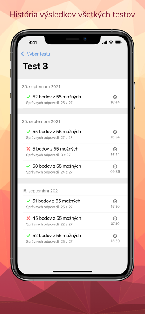 A mobile screen showing the history of driving school test results with scores and dates