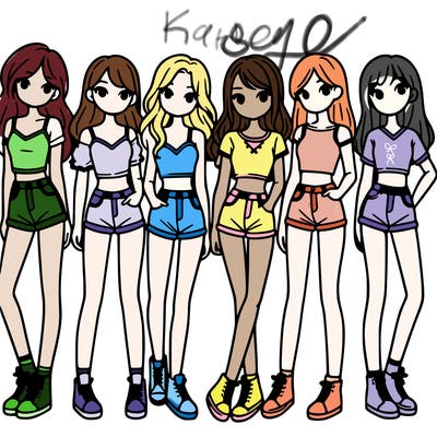 a group of girls wearing crop tops and shorts