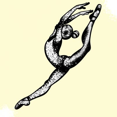 gymnast doing a leap in a leotard with a bent back leg