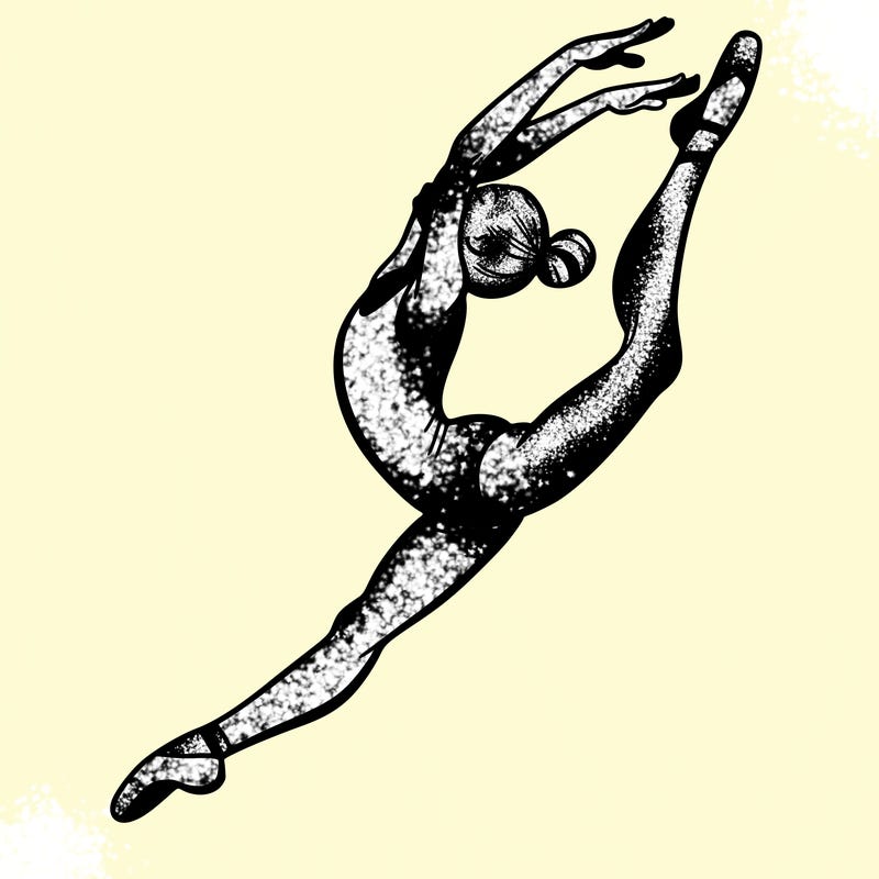 gymnast doing a leap in a leotard with a bent back leg