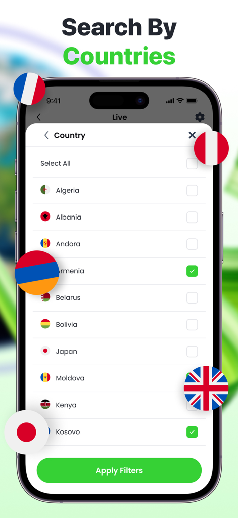 Live World Map - Interface do aplicativo mostrando uma lista de países com bandeiras e um botão de filtro de pesquisa