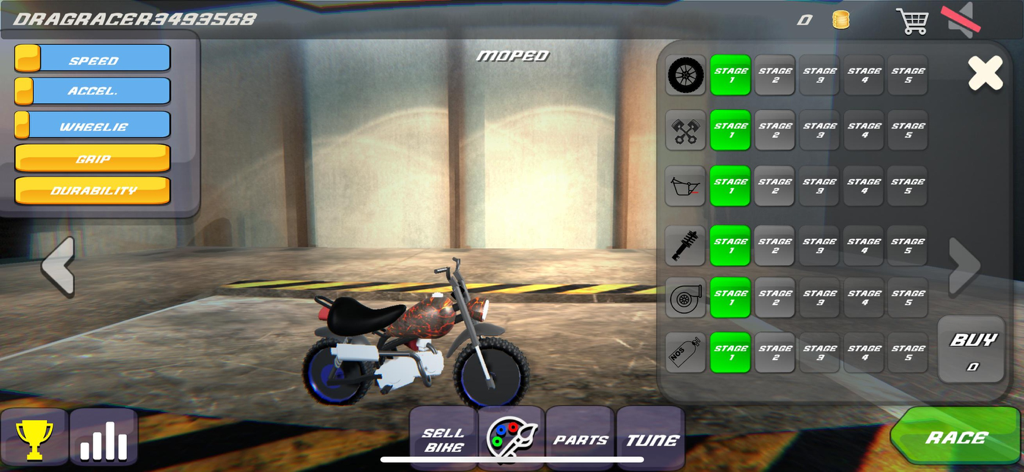 Drag Bike: Nitro Racing - Motorcycle customization menu showing bike stats and part upgrades in Drag Bike Nitro Racing