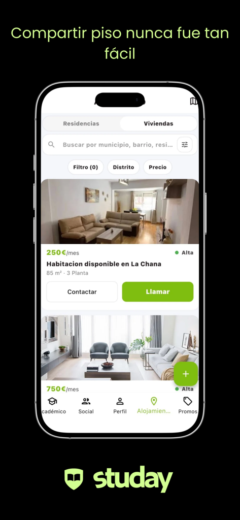 Studay app interface displaying student housing listings and shared apartment options