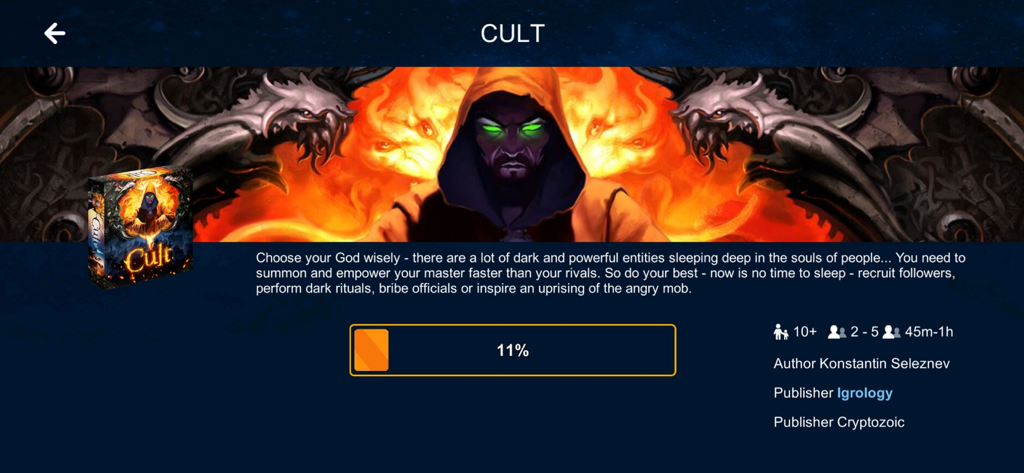 Loading screen for the Cult board game on the Tabletopia app showing game details and progress