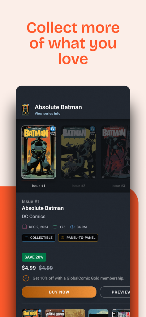 GlobalComix: The Comics App - GlobalComix app interface showing the purchase page for Absolute Batman issue 1 with collectible and panel to panel features.