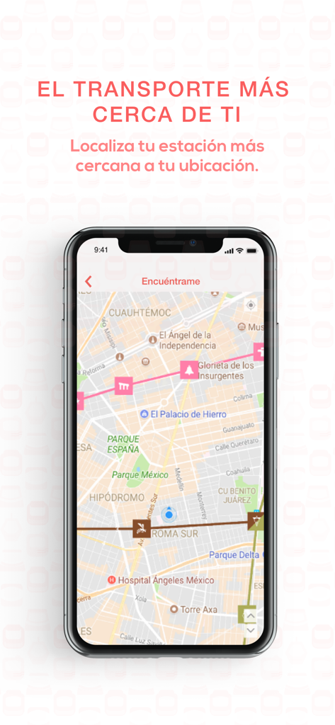 Metro - Metrobús México - Map view in the Metro Metrobús México app showing the nearest transit stations and landmarks in Mexico City.