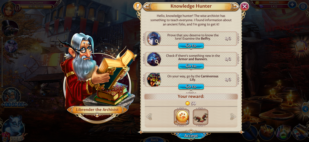 Librender the Archivist presenting quest objectives and rewards in the Midnight Castle mystery game