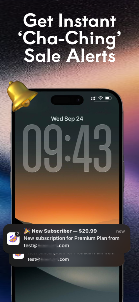 Écran de verrouillage de l'iPhone montrant des notifications de vente instantanées et des alertes de revenus pour une boutique Lemon Squeezy