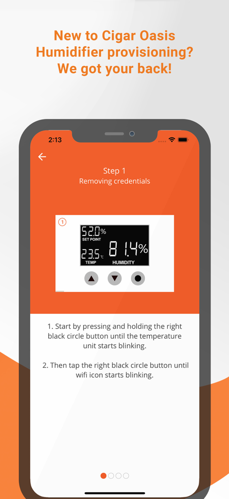 Cigar Oasis My Smart Humidor - Step one of the Cigar Oasis humidifier setup guide showing how to remove credentials on the device