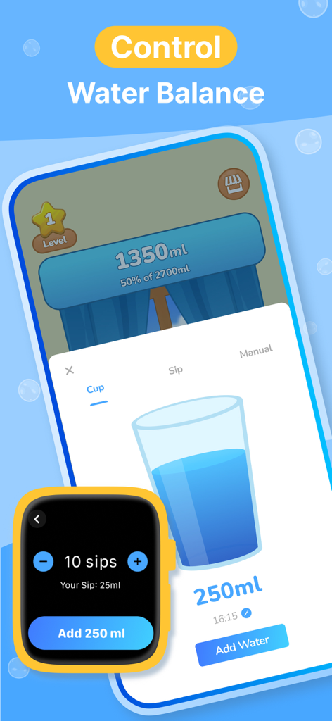 Aqua Pal: Water Tracker - Aqua Pal app interface showing daily water intake progress and Apple Watch integration